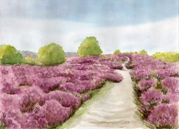 Postkarte DIN-A5   Aquarell Kunst Druck Kunstdruck Lüneburger Heide Lüneburg Landschaft Kutsche Kutschfahrt